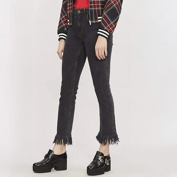 Maje Denim - Maje Panako Frayed Hem High Rise Slim Leg Jeans in Black Size FR 36